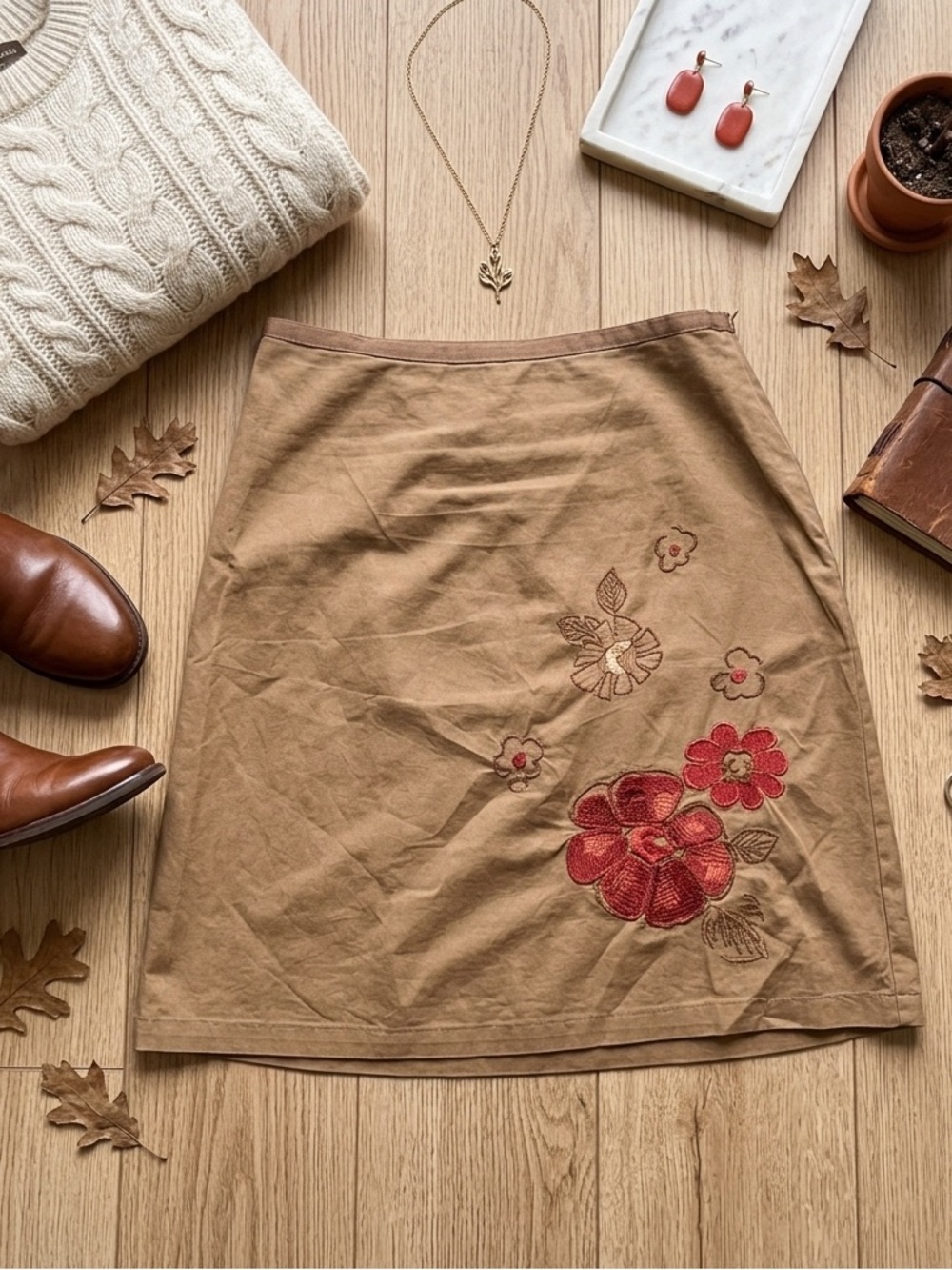 Vintage Jonathan Martin Embroidered Floral A Line Skirt - Tan Cotton Blend Large